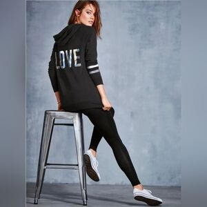 PINK Victoria's Secret LOVE Hooded Sweater W/Sequins, Gray, Womens Large